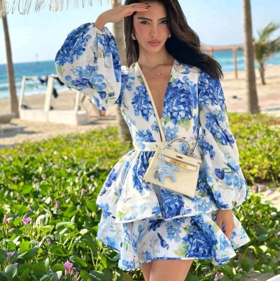 Fashionable & Elegant Random Print V-Neck Long Sleeve Layered Short Mini Dre - Picture 4 of 6